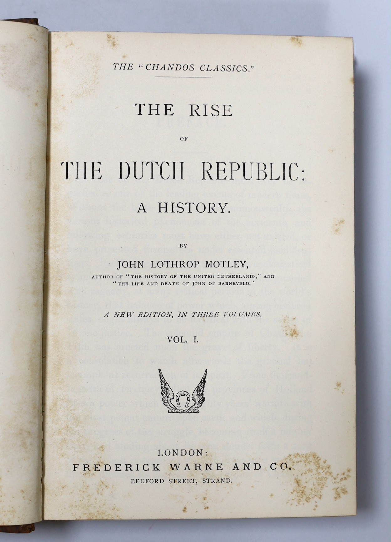 Motley, John Lothrop - The Dutch Republic, 3 vols, 8vo,half calf, with Rider Haggard calling pasted to flyleaf, Frederick Warne & Co., London, c. 1895